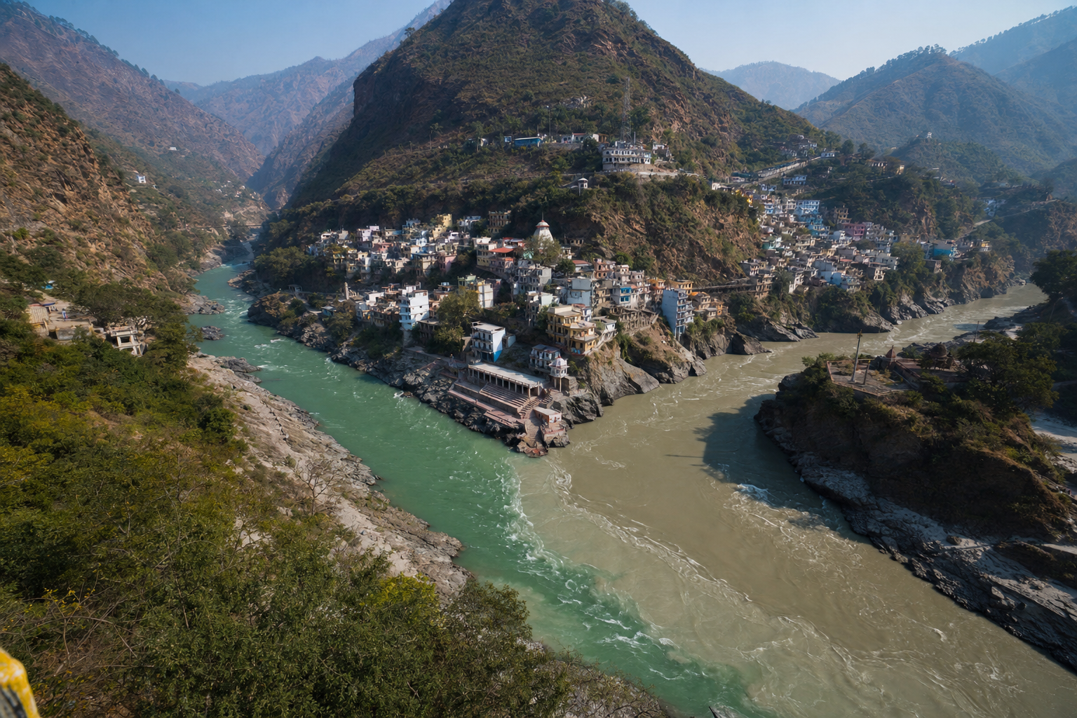 The Bhagirathi and Alaknanda rivers meeting below the hillside town and stepped ghats of Devprayag in Uttarakhand.