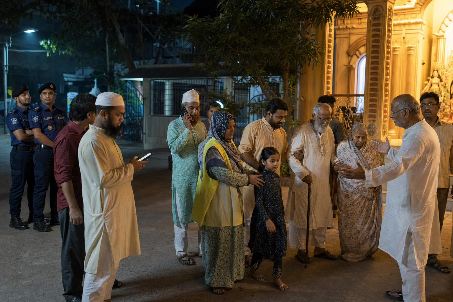 Neighbors, volunteers, and police coordinate in a courtyard while a Hindu family is guided to safety near a temple.