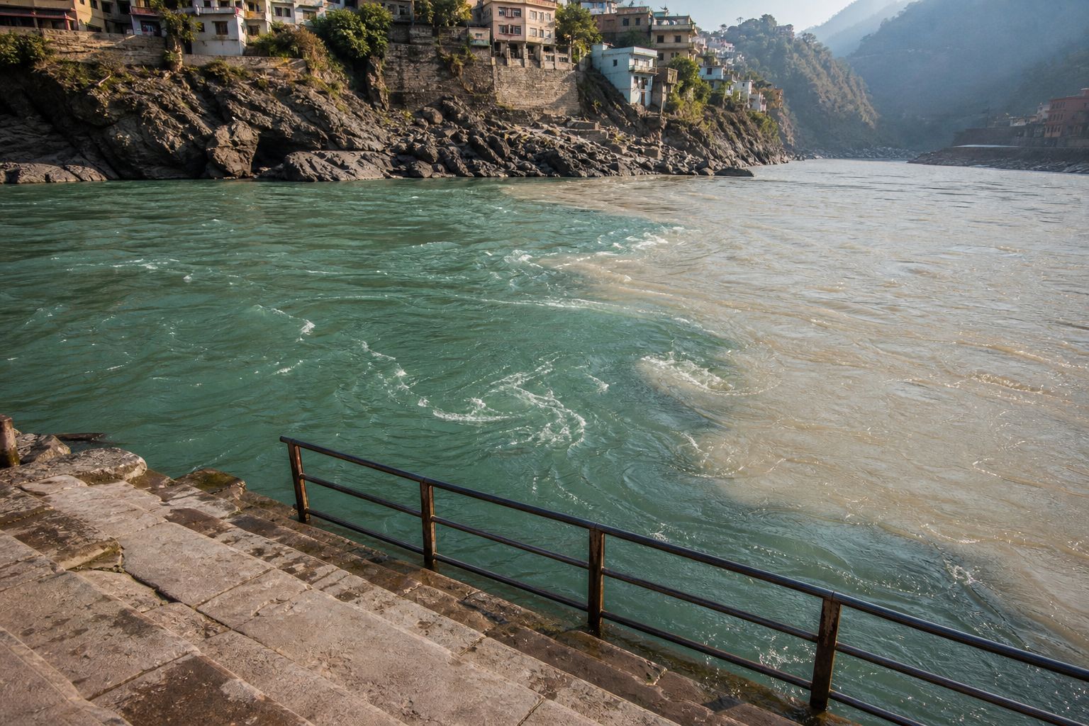 Two differently colored river currents forming ripples and eddies as they meet beside the stone ghat at Devprayag.