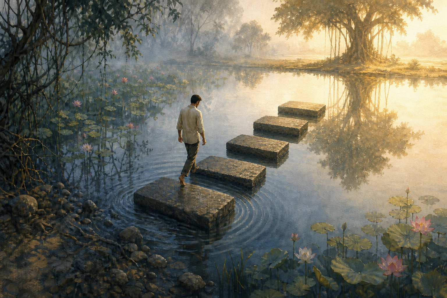 A person crosses five stone steps through a foggy lotus pond as the water and light become progressively clearer.