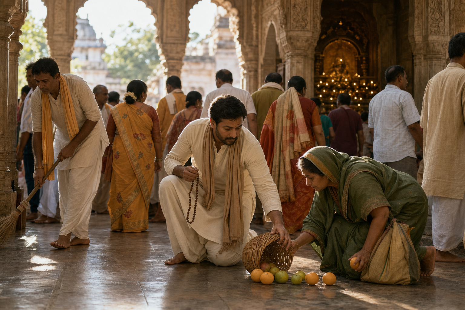 A devotee in a crowded temple courtyard pauses calmly and helps an older visitor collect fruit from a dropped basket.