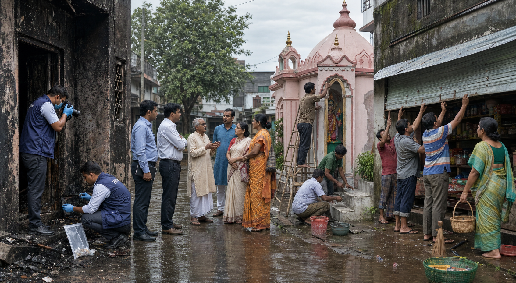 Investigators document damage while officials meet Hindu residents and workers repair a temple and neighborhood shop.