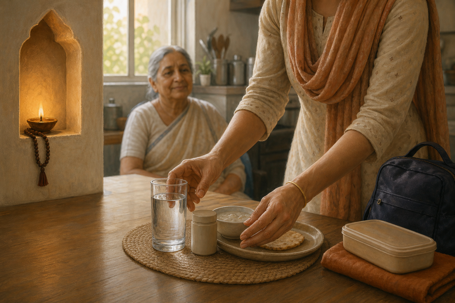A devotee sets medicine, water, and breakfast before an older relative in a softly lit family kitchen.