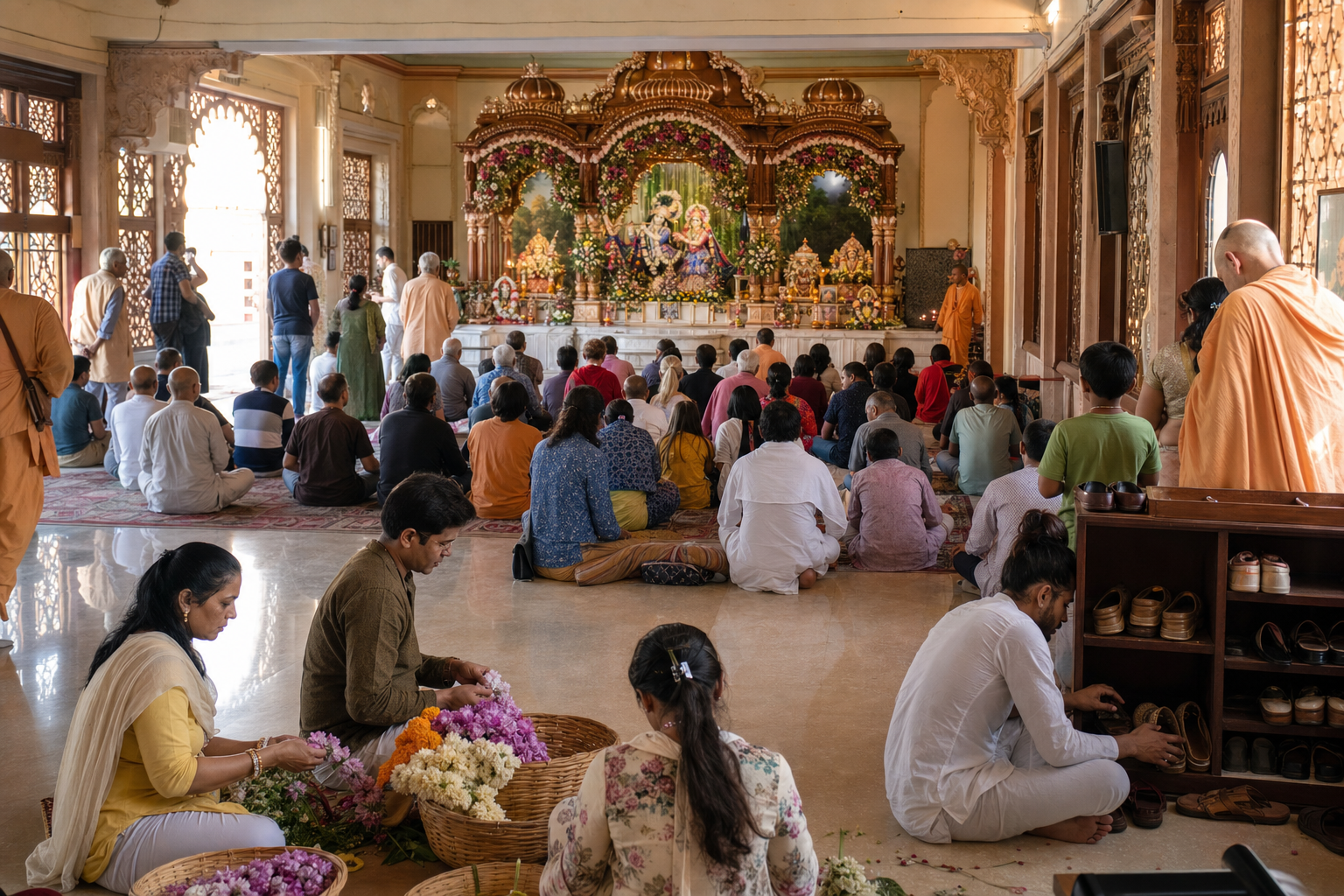 A multigenerational congregation worships in a Krishna temple while volunteers prepare flower garlands and assist near the entrance.