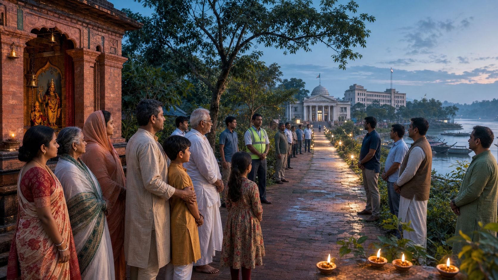Bangladeshi Hindu families stand in a temple courtyard protected by community volunteers, with a lit path leading toward government buildings at dawn.