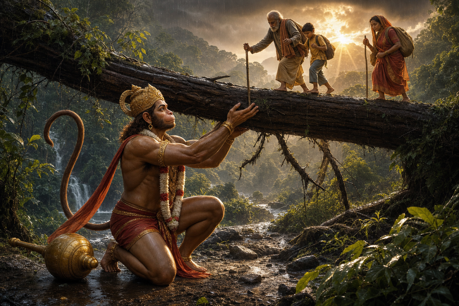Hanuman kneels with his mace lowered and holds up a fallen timber while travelers cross beneath it safely.