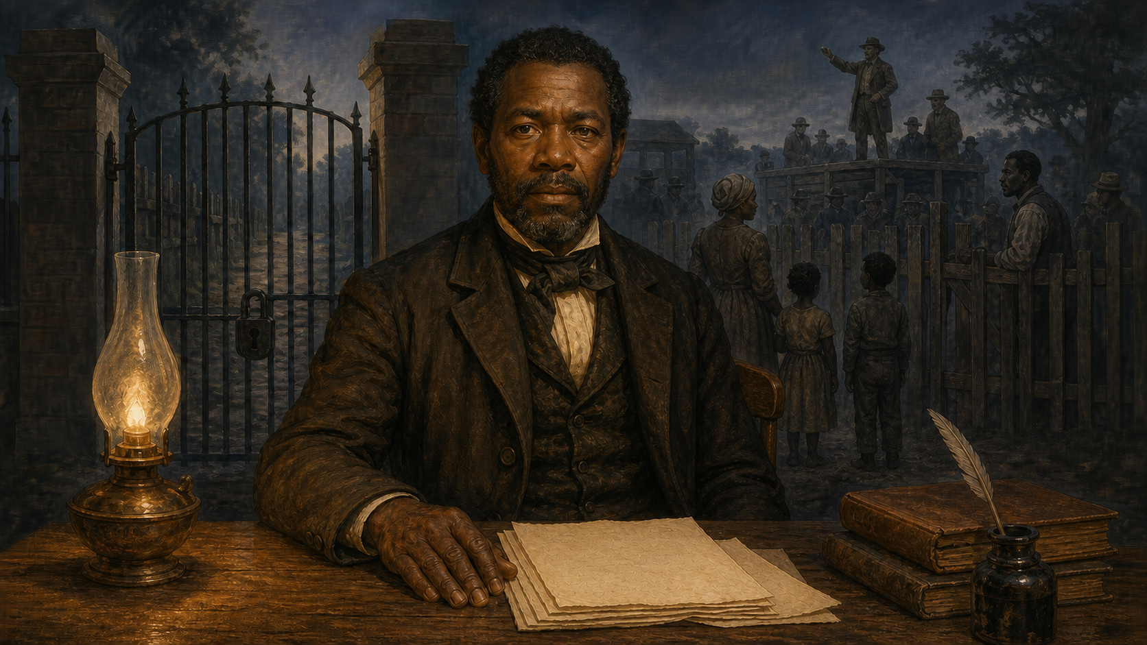 A Black narrator sits at a wooden desk with open manuscript pages as a locked gate, a divided family, and a distant auction platform appear in the shadowed background.