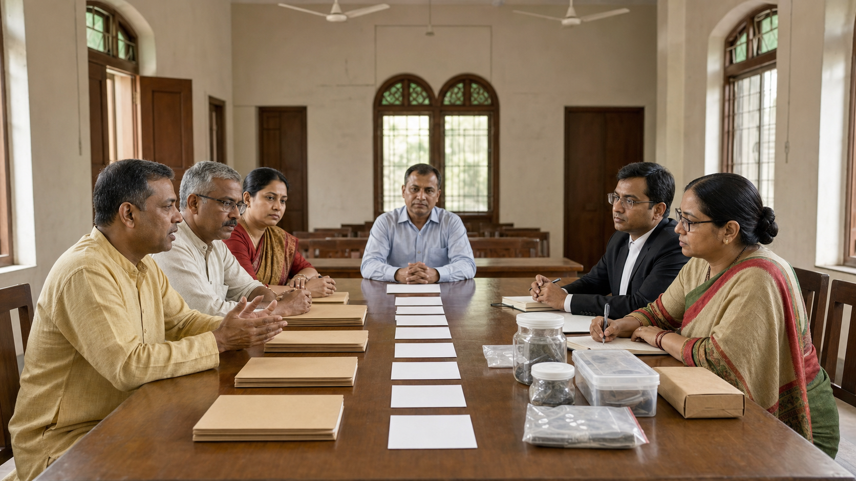 Community representatives, a lawyer, an observer and a public official examine case materials around a hearing-room table in Bangladesh.
