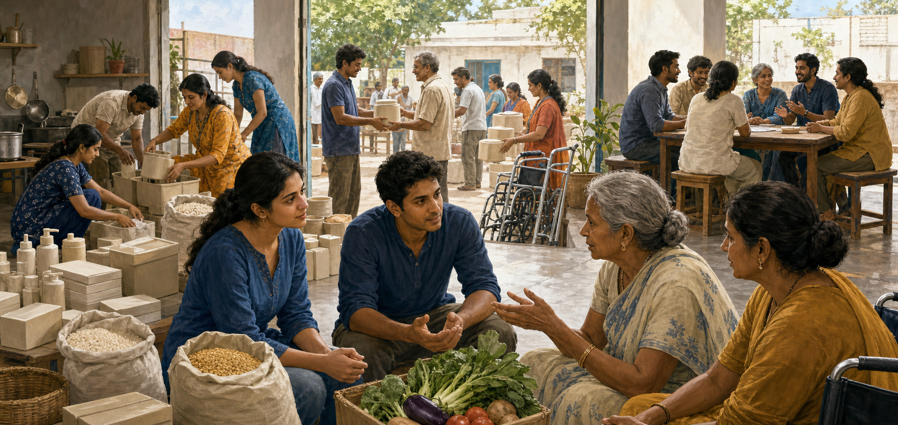 Volunteers listen to local residents, organize food and practical supplies, and confer together in a community courtyard.