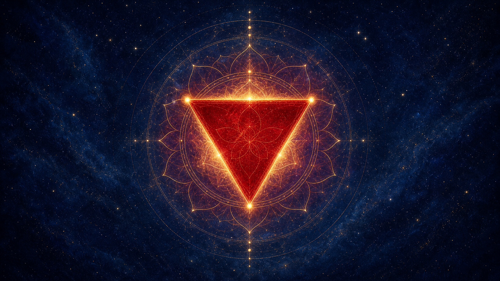 A glowing crimson downward-pointing triangle with golden currents at its three points, centered in an indigo cosmic field with subtle lotus geometry and stars.