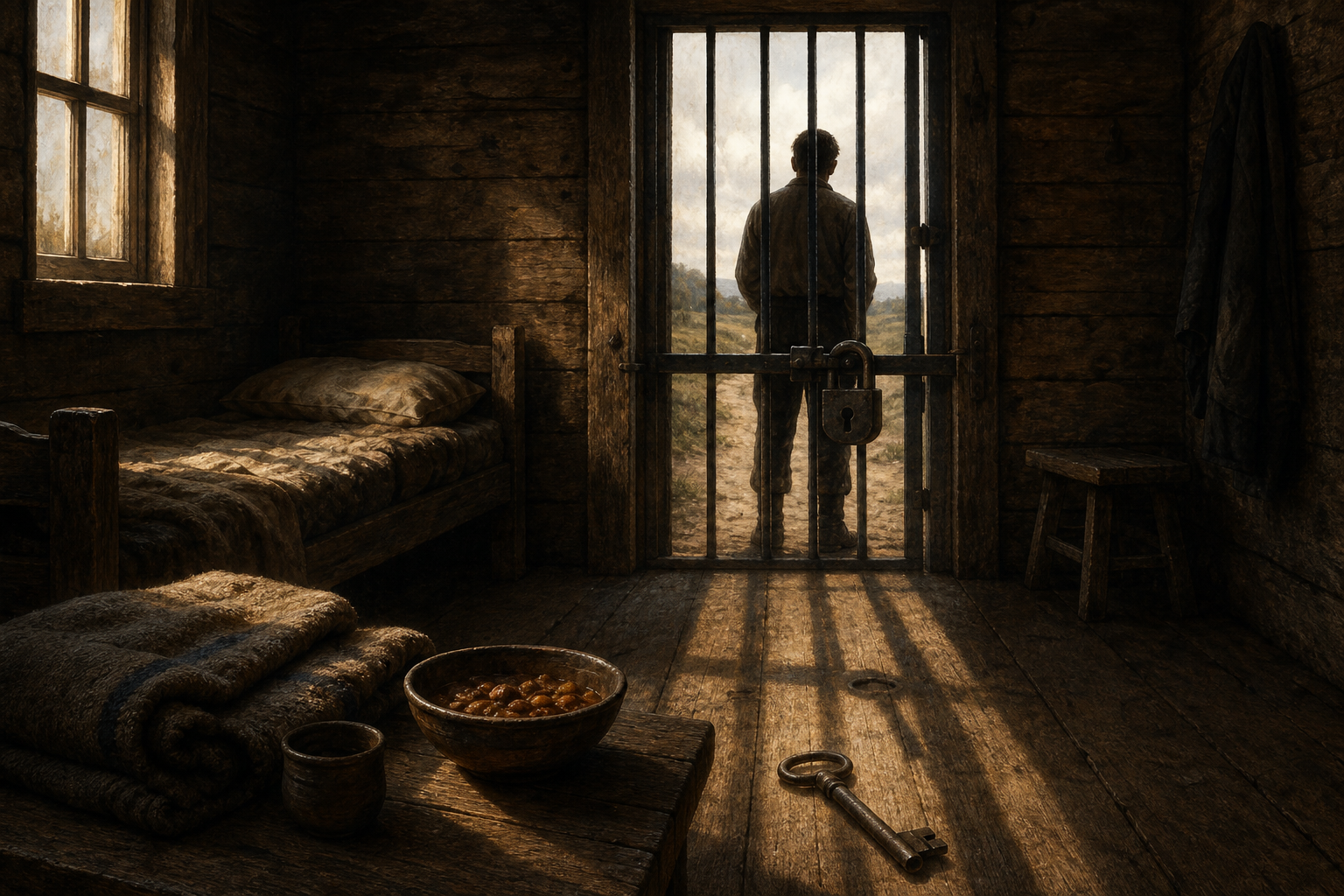 A bowl, blanket, and bed sit inside a cabin beside a large key and padlocked doorway, with a person unable to reach the road outside.