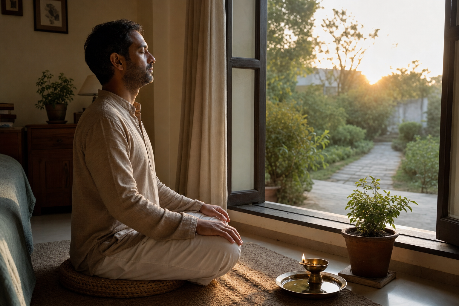 A person meditates on a woven cushion beside a sunrise-lit window, with a brass lamp, bowl of water, tulsi plant, and garden path nearby.
