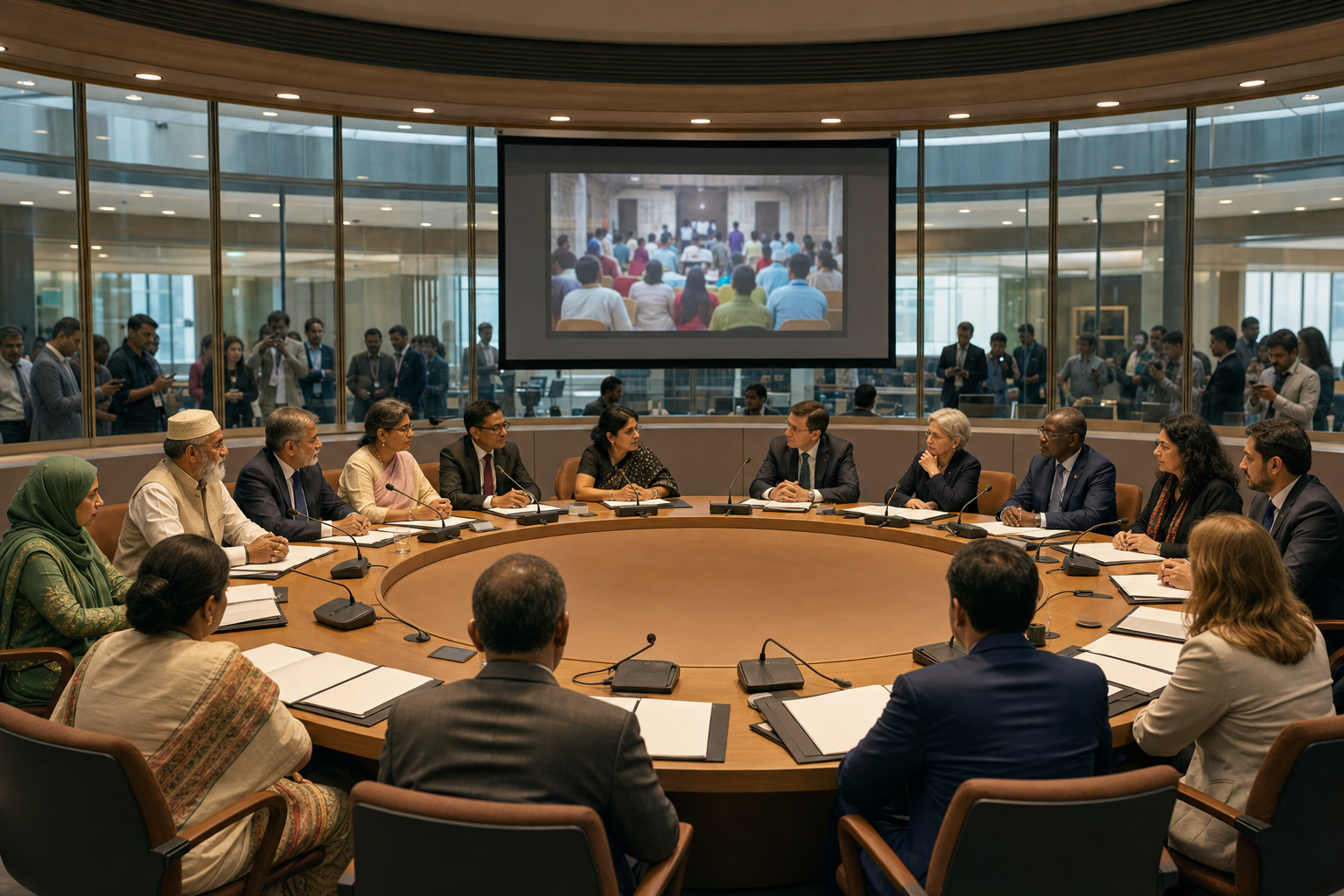 Diplomats, Bangladeshi officials, rights observers and community delegates meet around a circular table with case folders and a video link.