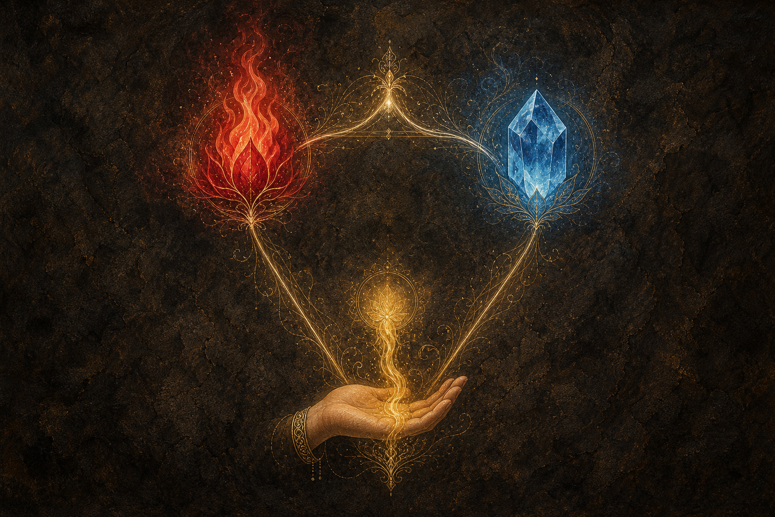 A luminous triangle links a red flame, a blue crystal, and an open hand with a golden stream at its three vertices.