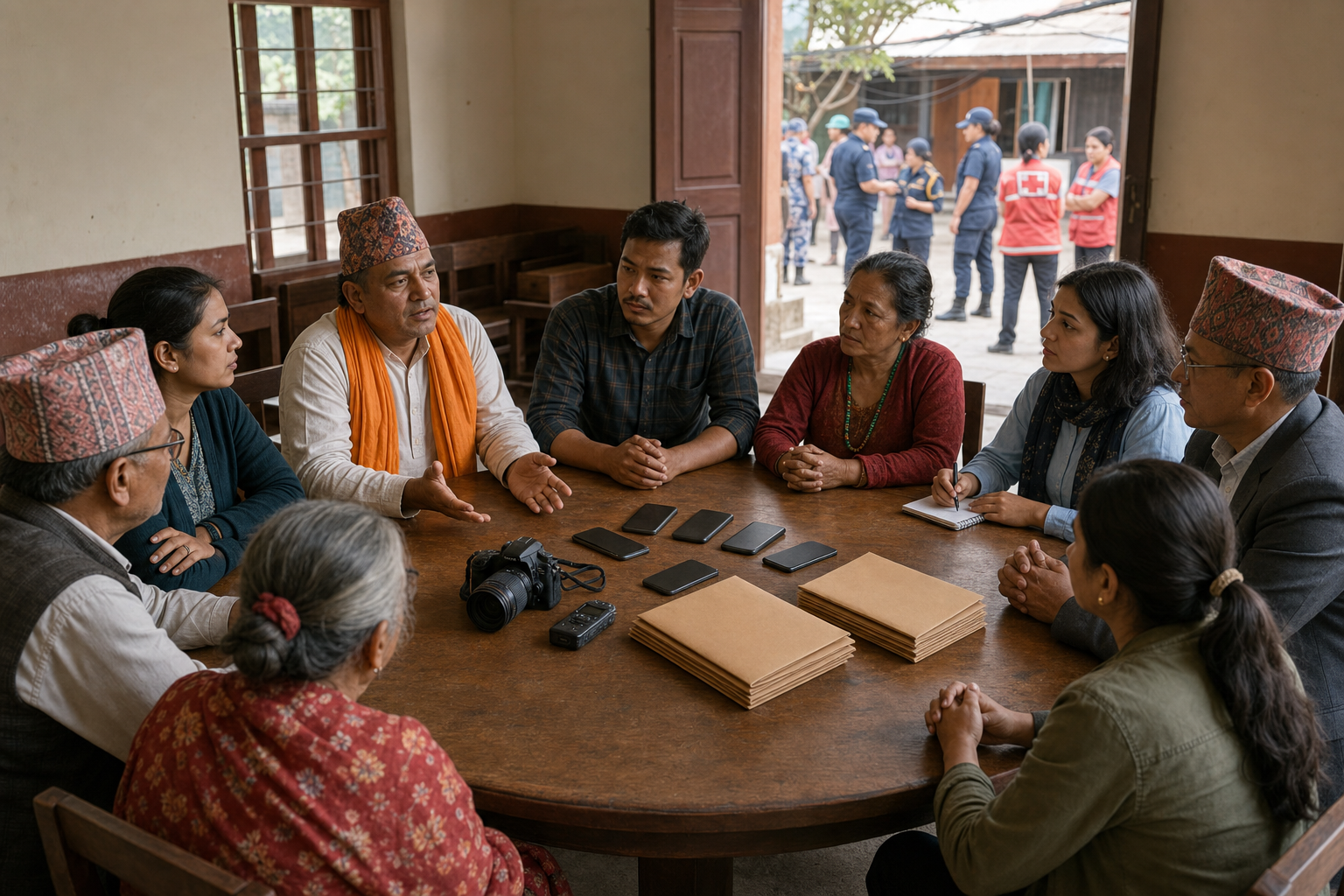 Pilgrims, residents, a journalist, a legal observer, and a mediator sit around a table with phones placed screen-down and evidence materials arranged at the center.