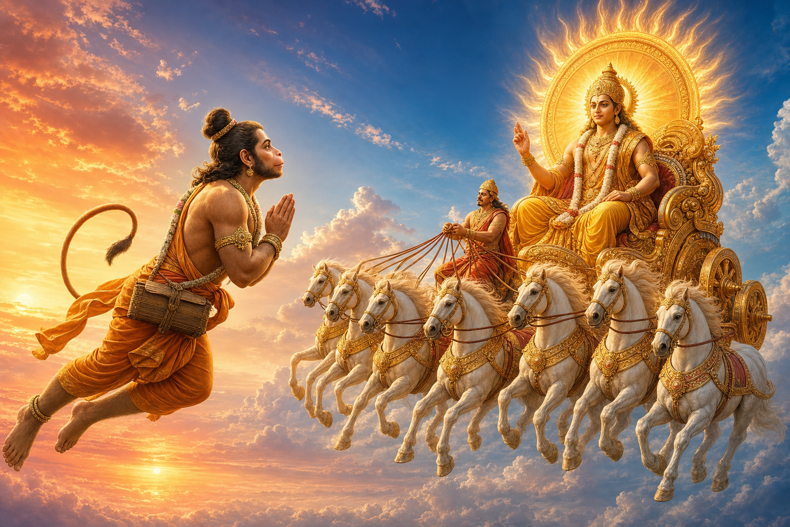 Hanuman moves backward through the dawn sky while studying face to face with Surya, who rides in a radiant chariot drawn by seven horses.