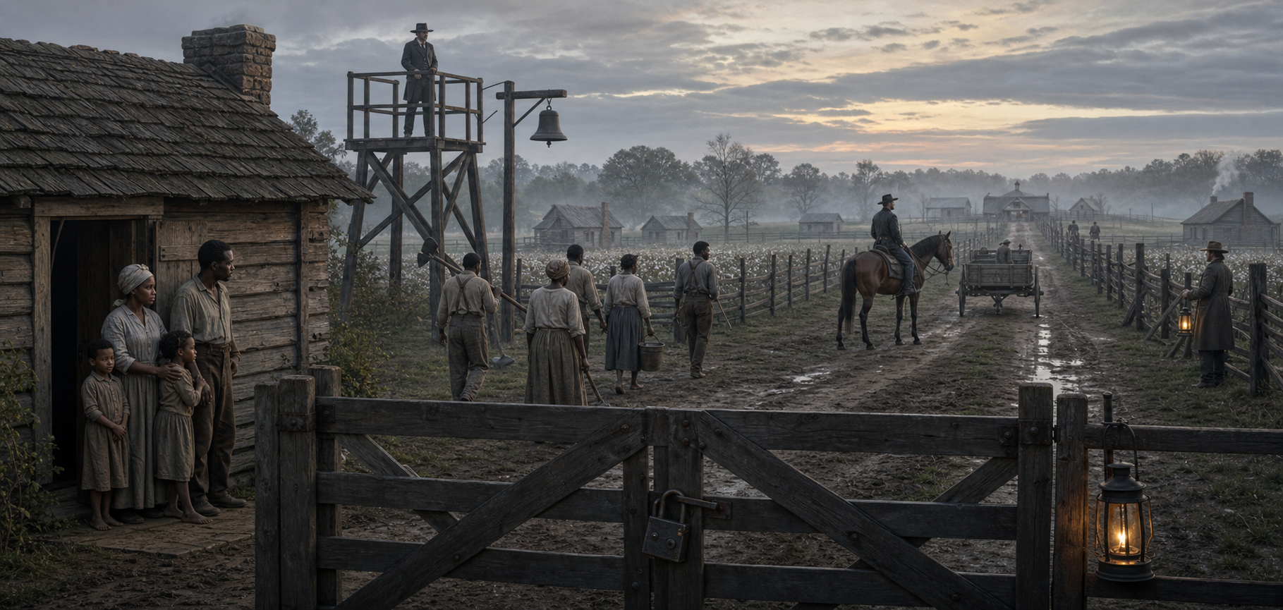 Enslaved Black adults move through a fenced plantation yard watched by an overseer, with locked gates, a patrol lantern, a work bell, and guarded roads controlling the scene.