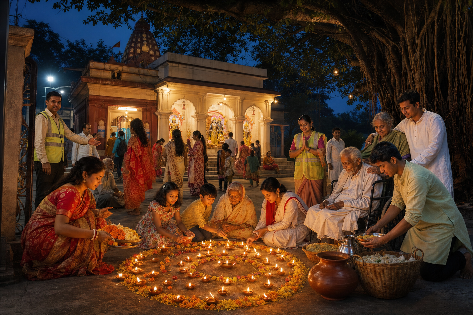 Hindu devotees and neighbors light clay lamps, arrange flowers and serve food during a peaceful temple courtyard gathering in Bangladesh.