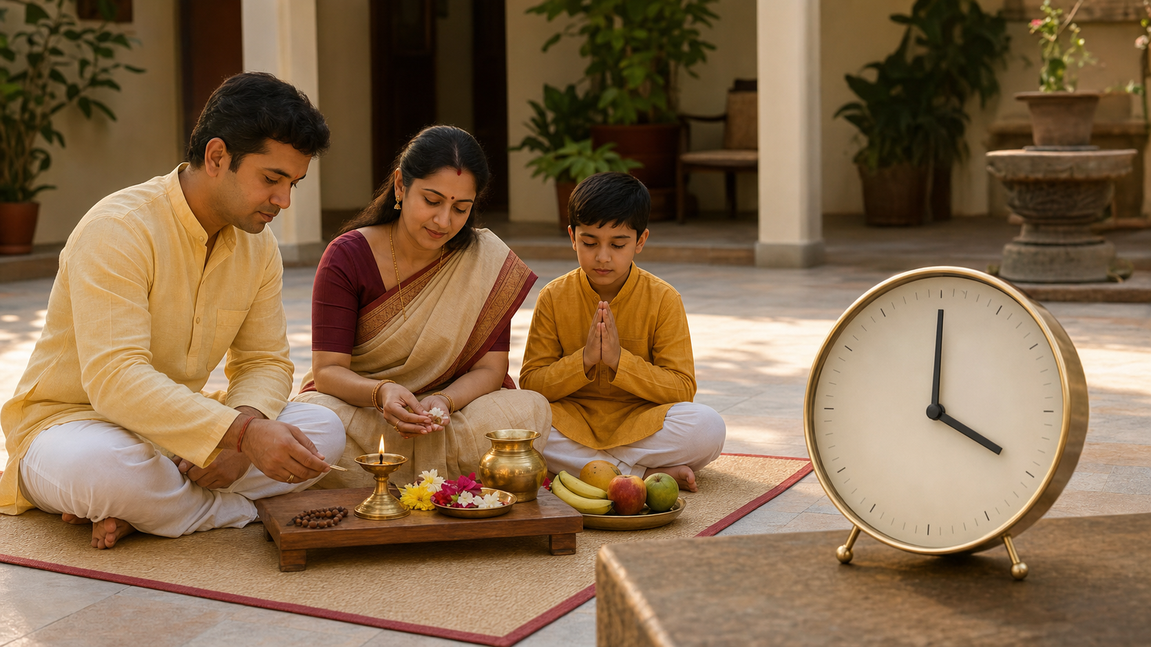 A family completes a Purnima observance in a sunlit courtyard beside a blank-faced analog clock approaching four.