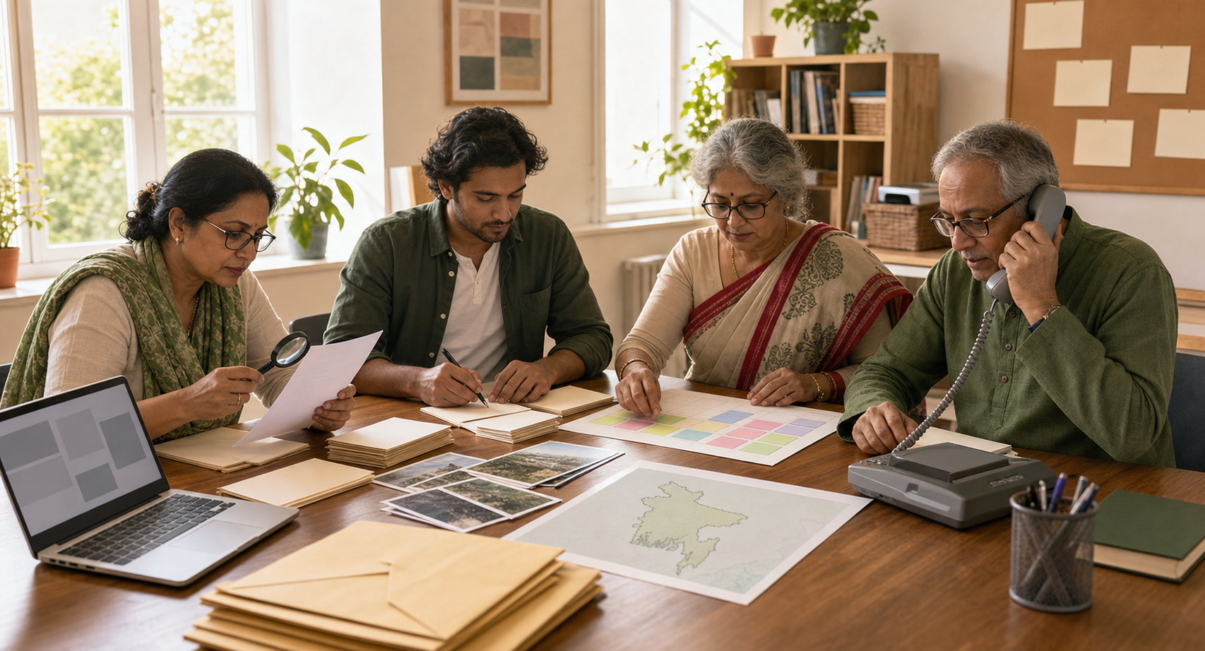 Volunteers verify information, prepare envelopes, make a phone call and organize follow-up materials around a community-room table.