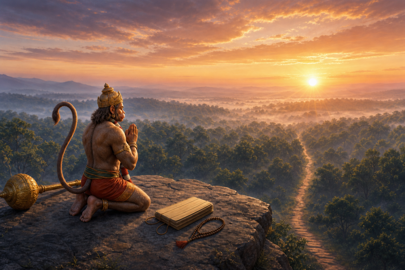 Hanuman kneels in a gesture of resolve before the rising sun, with prayer beads, a palm-leaf study bundle, and his resting mace beside him.