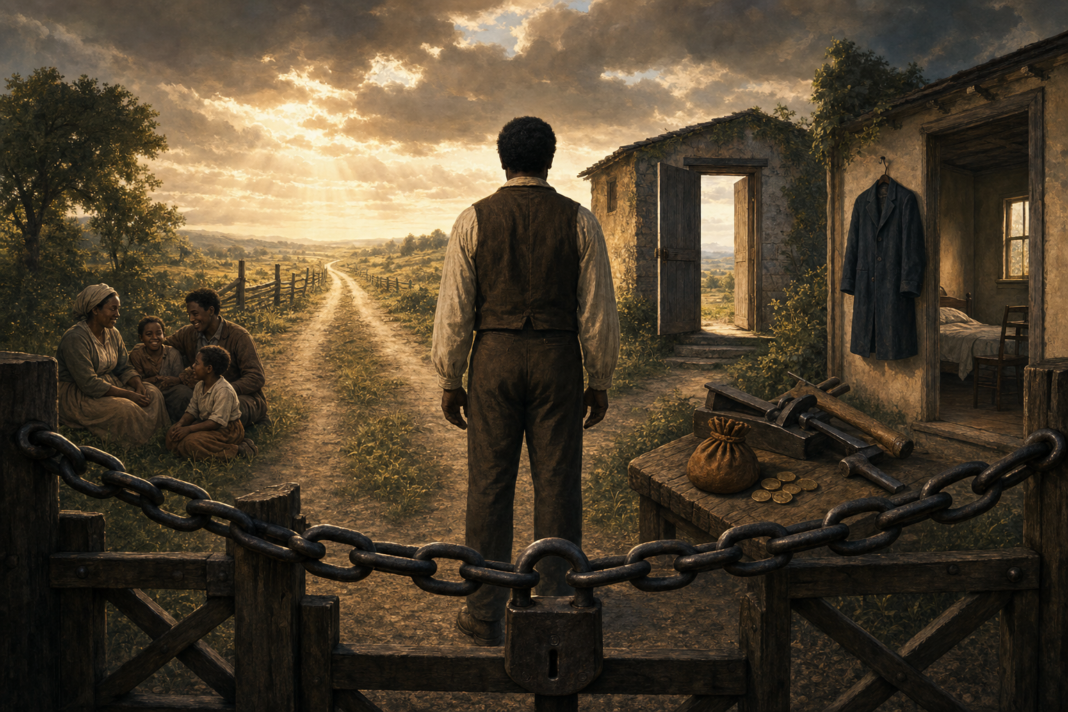A Black adult stands before a chain and locked gate while an open road, doorway, reunited family, private room, and coin pouch appear beyond the barrier.