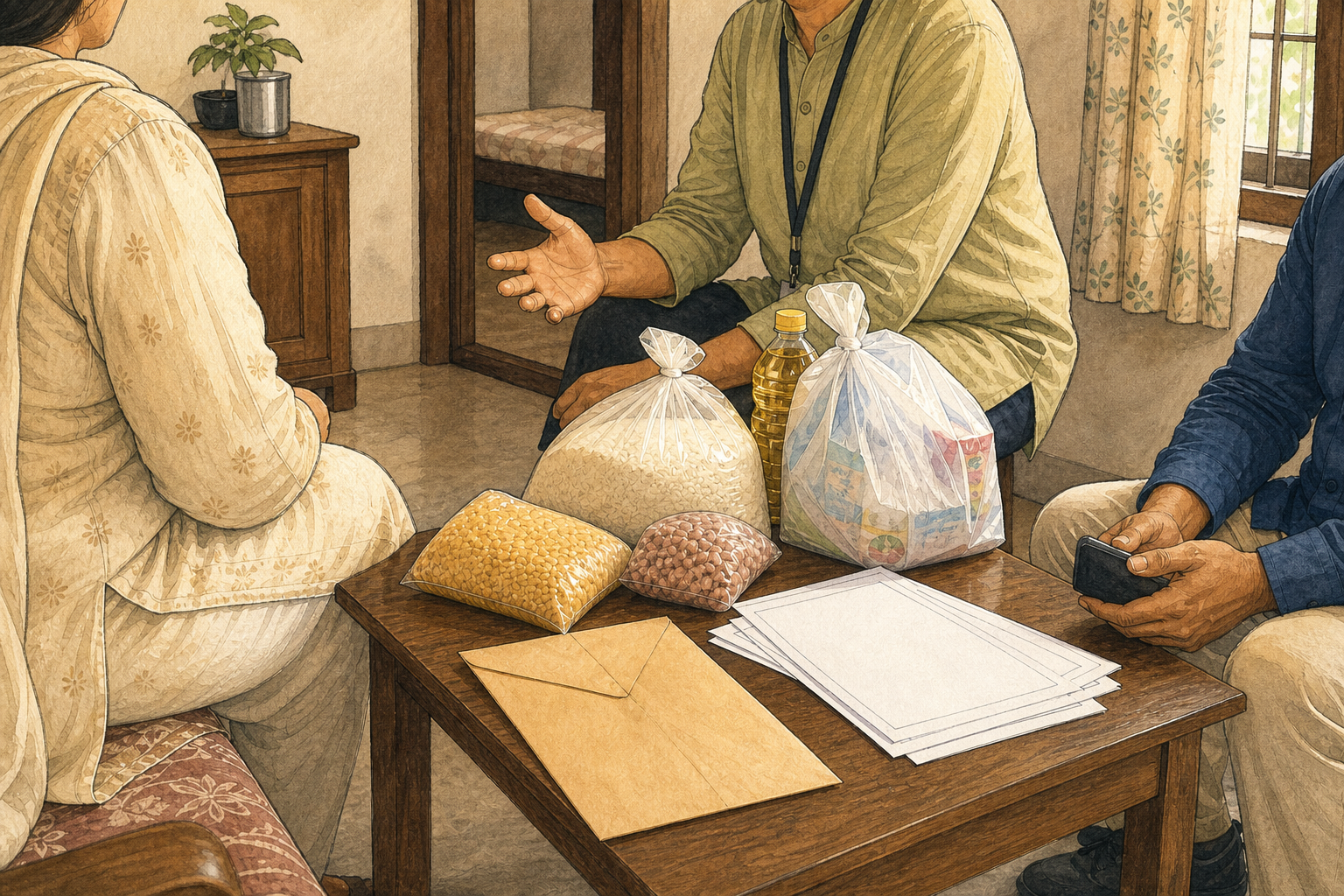 Community volunteers quietly place groceries, an envelope, and blank forms on a table while speaking privately with a seated family member.
