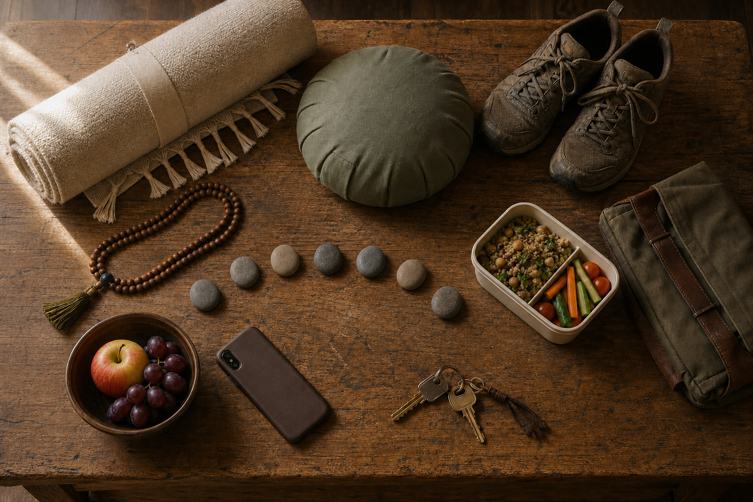 An overhead view shows a meditation cushion, rolled mat, mala beads, walking shoes, lunch container, fruit, phone, keys, work bag, and seven pebbles on a wooden table.