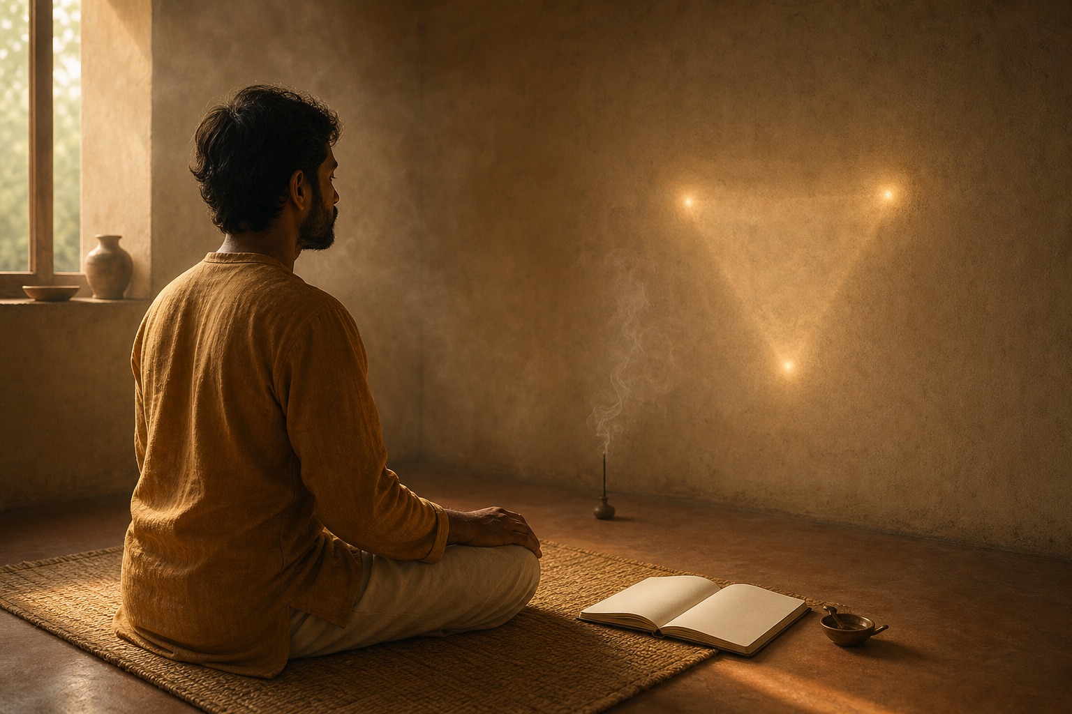 A seated practitioner contemplates a faint triangle of light on a plain wall in a quiet room at dawn.