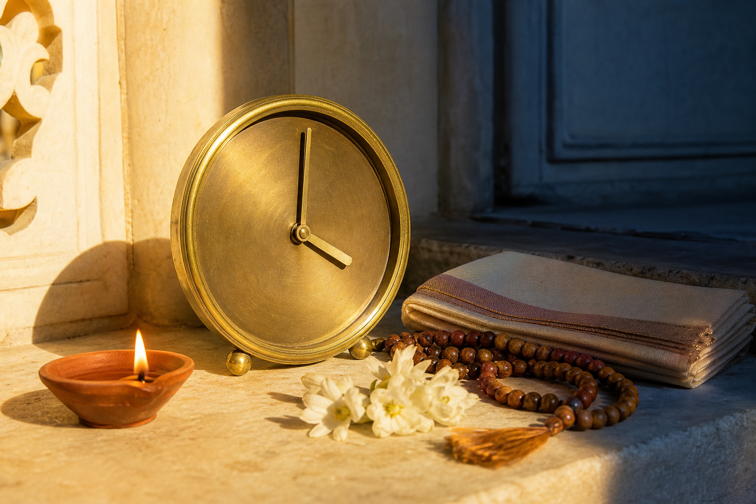 A blank-faced brass clock just after four sits with a diya, flowers, prayer beads, and ritual cloth at the edge of sunlight and shadow.