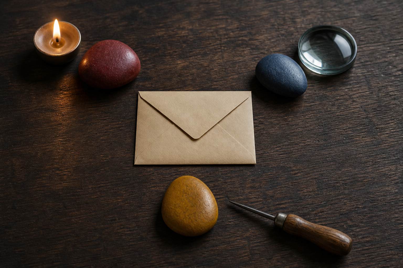 Three colored stones with a flame, glass lens, and hand tool form a triangle around an unmarked envelope on a wooden table.
