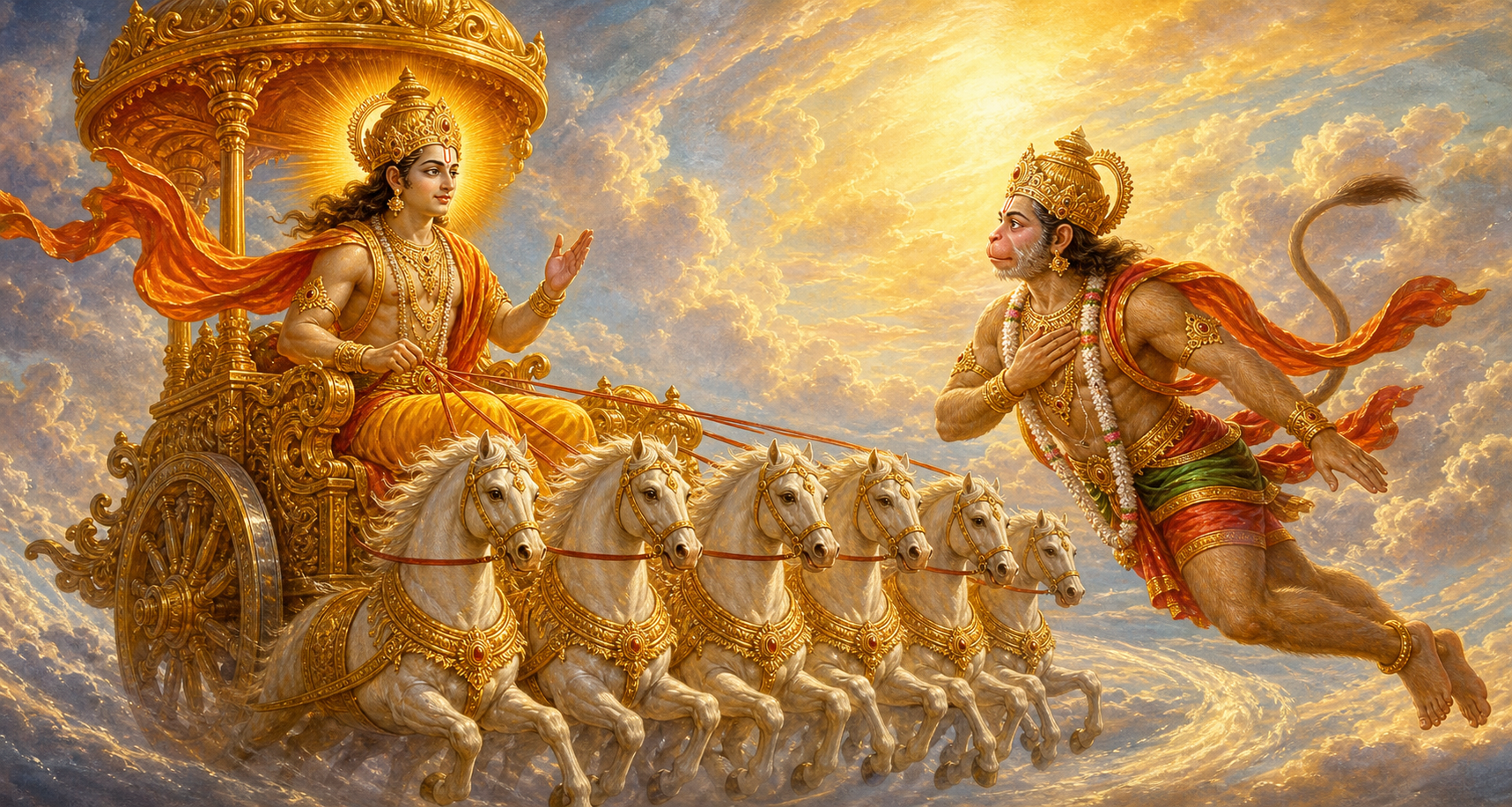 Surya teaches from his moving chariot while Hanuman travels backward in front of him and maintains attentive eye contact.