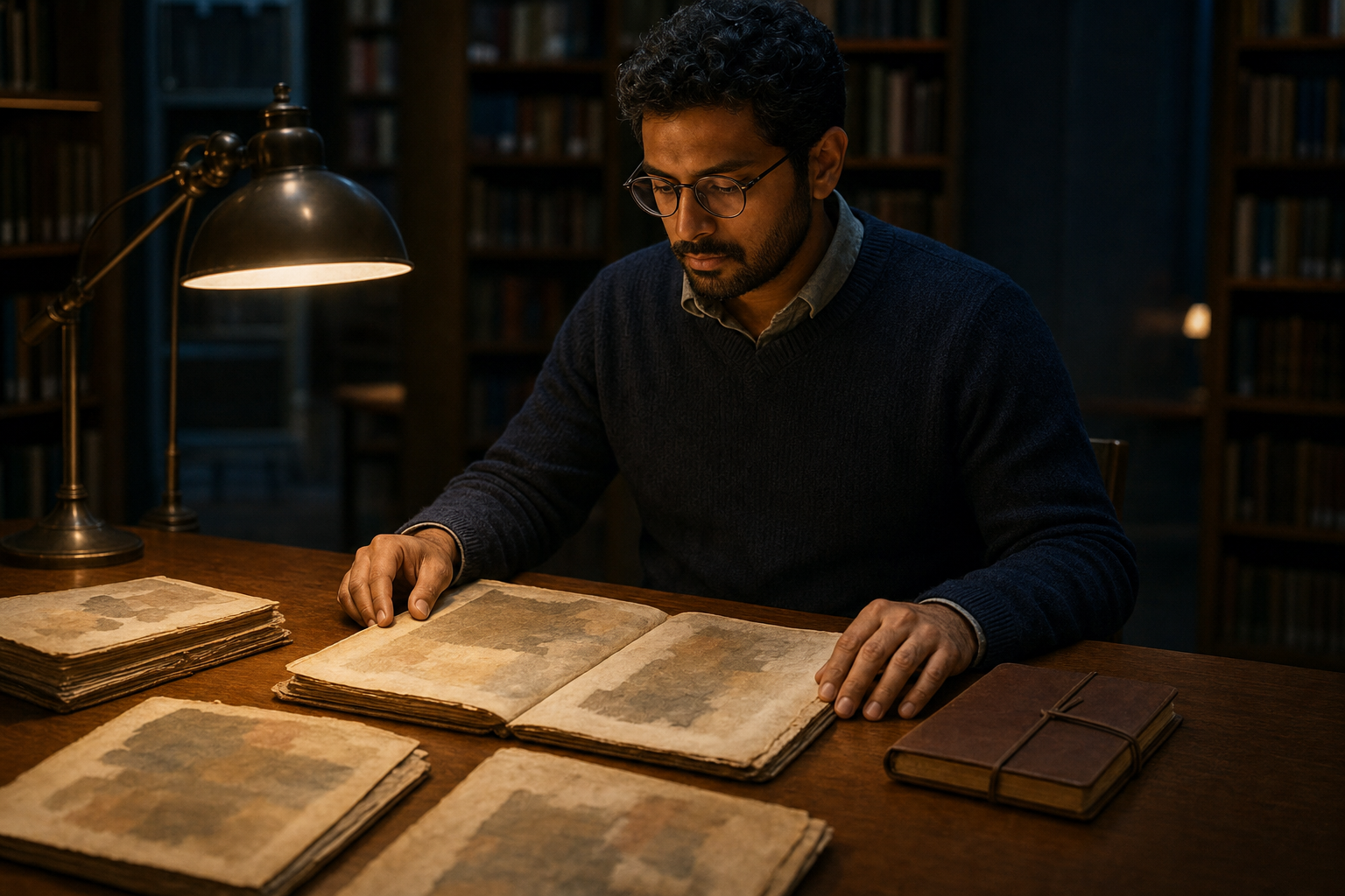 A South Asian reader studies worn archival pages under a desk lamp in a quiet library, with bookshelves fading into shadow behind the table.