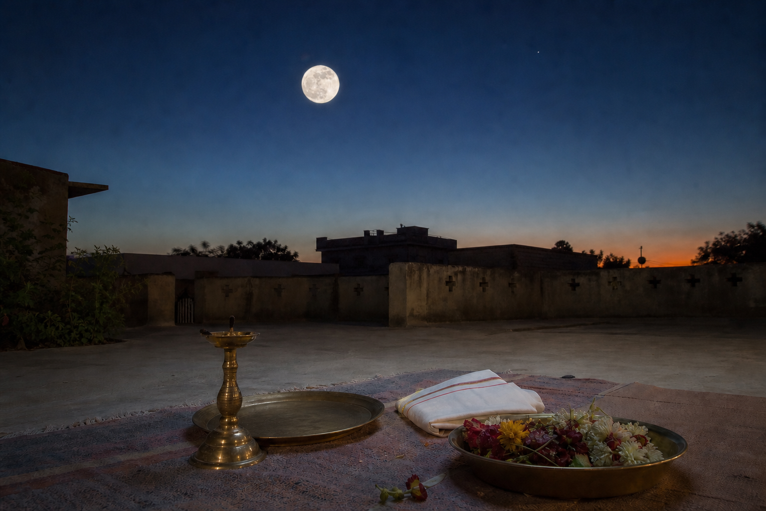 A bright, full-looking Moon rises over an Indian courtyard where a lamp, offering plate, folded cloth, and flowers have been tidied after a ritual.
