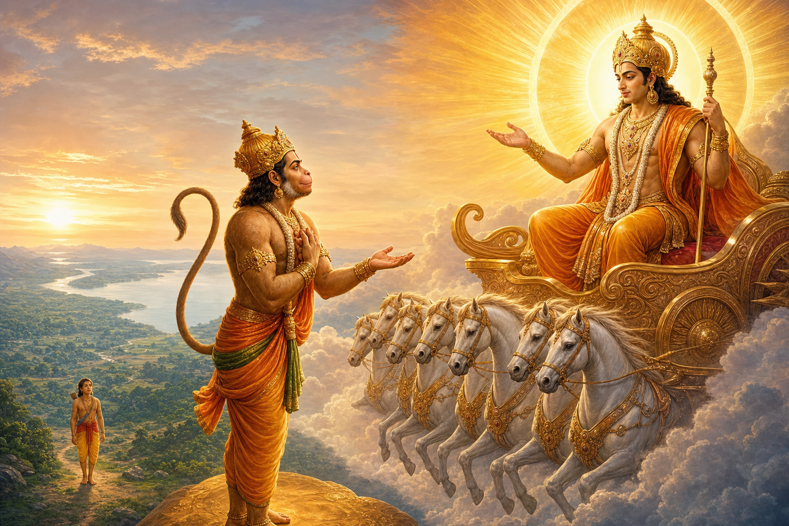 Hanuman bows before Surya and accepts a request for service as a young figure waits in the distant landscape below.