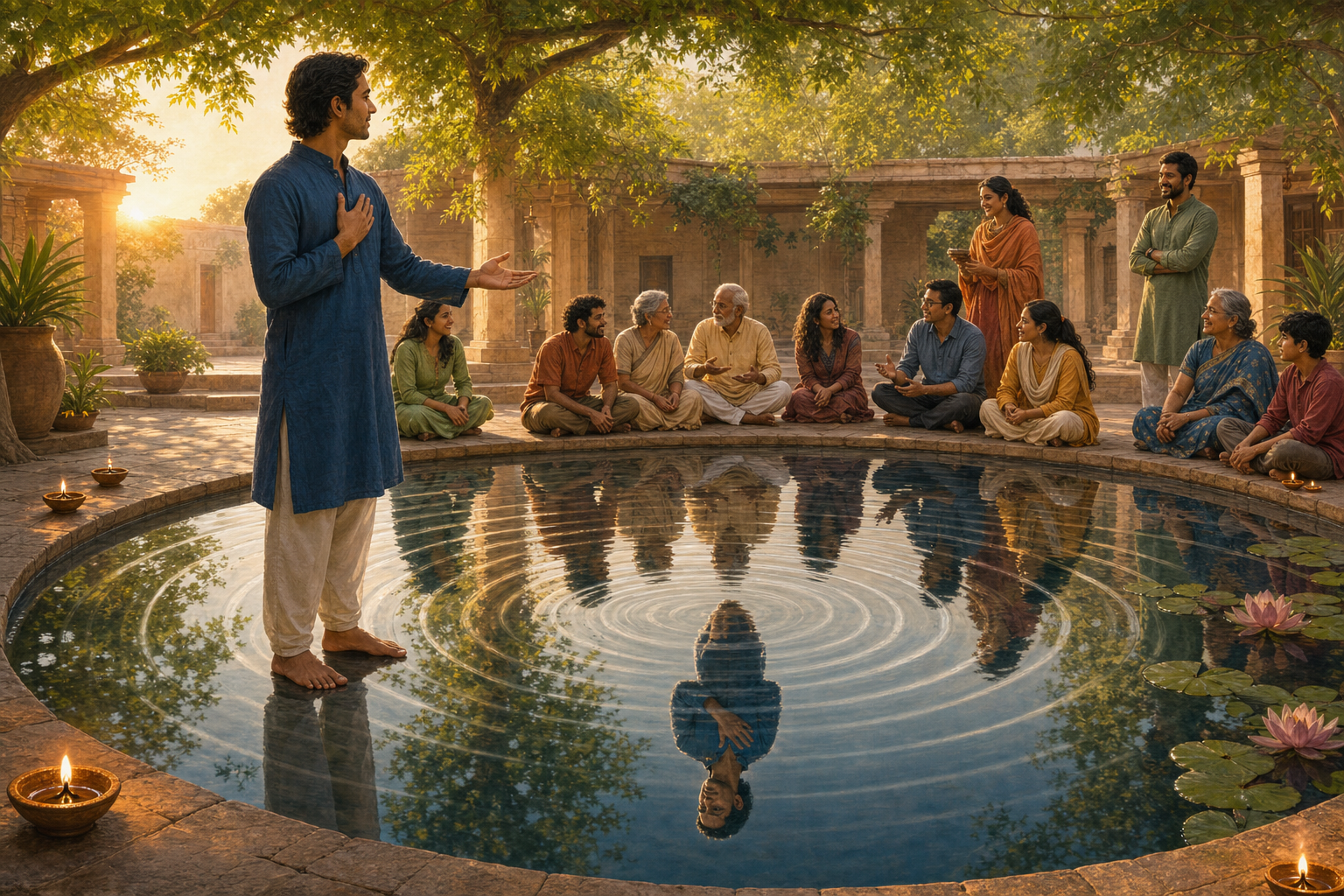 A calm person beside a reflecting pool extends an open hand toward an intergenerational group in conversation as ripples spread across the water.