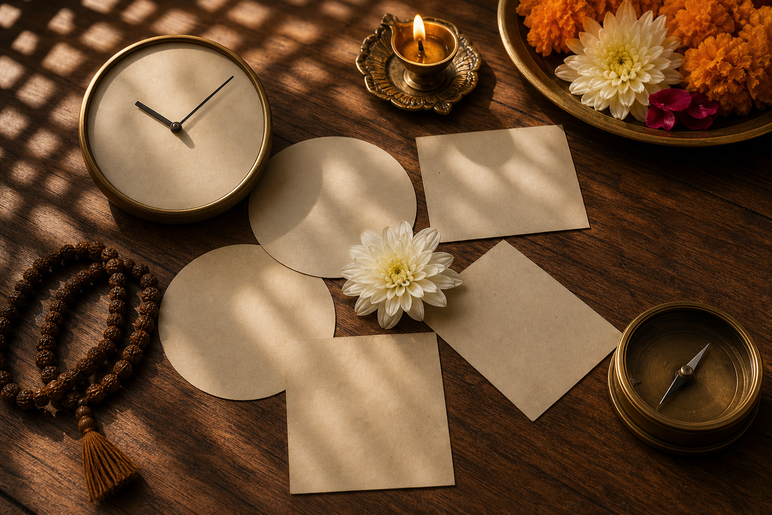 A blank-faced clock, compass, prayer beads, diya, flowers, and unmarked paper markers share a wooden desk crossed by lattice shadows.