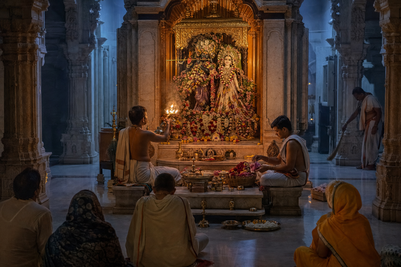 Two pujaris conduct a predawn lamp ceremony before a Radha-Krishna altar as devotees sit quietly and a volunteer cleans the hall.