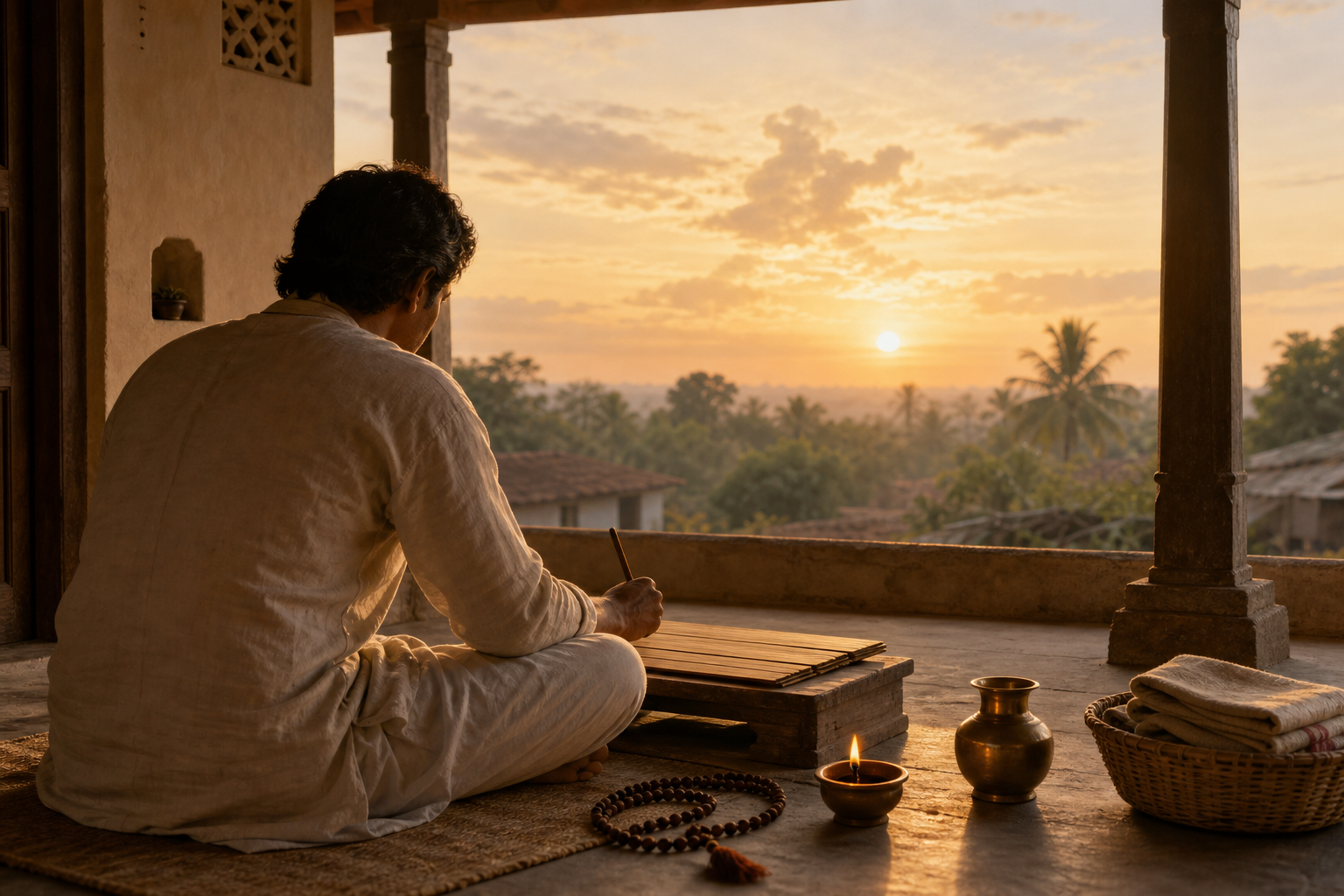 A practitioner studies at an orderly dawn altar on a veranda after completing household tasks, with prayer beads, an oil lamp, and blank folios nearby.
