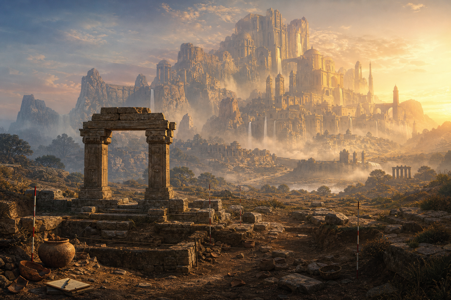 Excavated stone foundations and pottery fragments in the foreground with a vast fictional hilltop palace city rising through golden mist behind them.