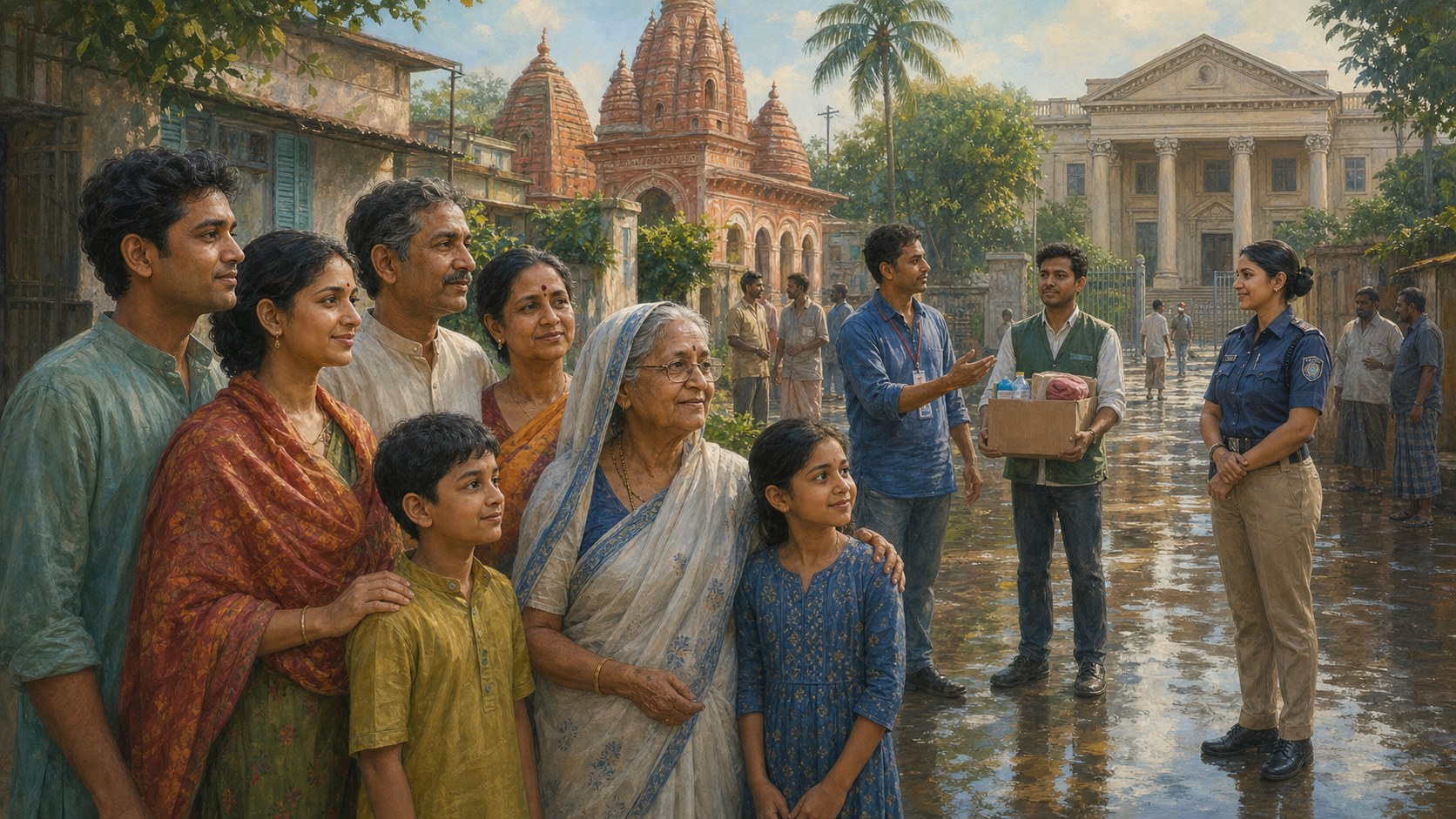 A Hindu family and neighbors stand in a Bangladeshi residential lane as a volunteer, relief worker, police officer, temple, and courthouse appear around the community.
