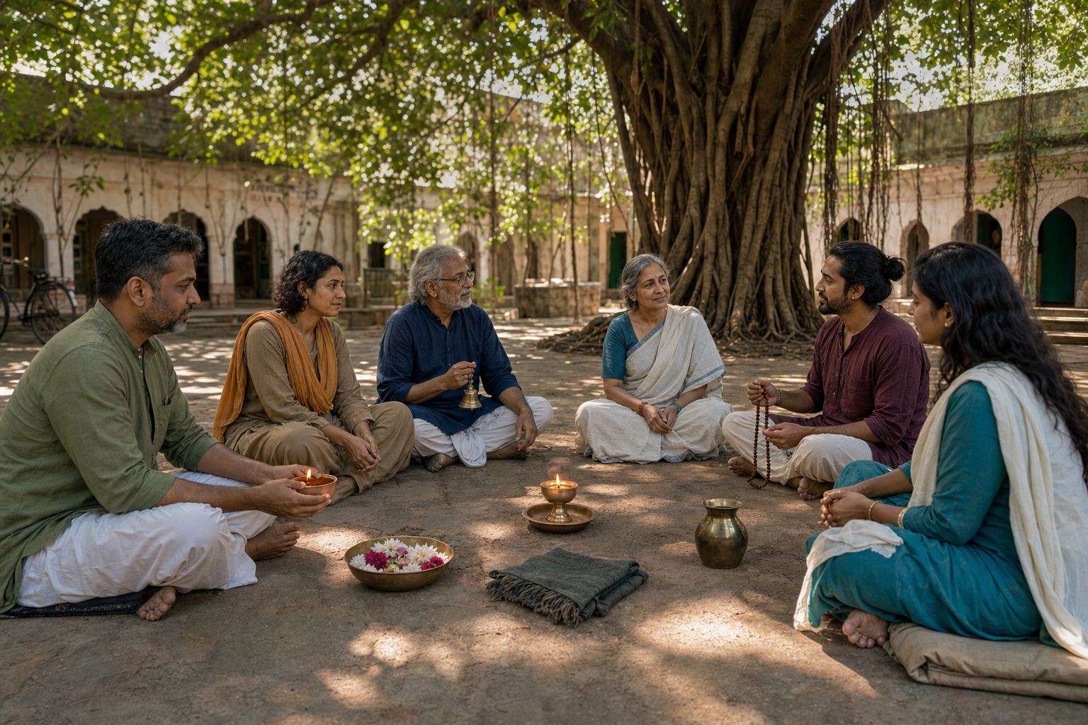 People with varied clothing and practice objects sit in a listening circle beneath a banyan tree around a shared clay lamp.