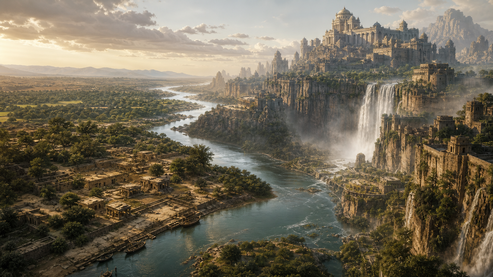 A modest ancient river settlement transitions into an invented mountain kingdom with cliffs, waterfalls, fortifications and palaces.
