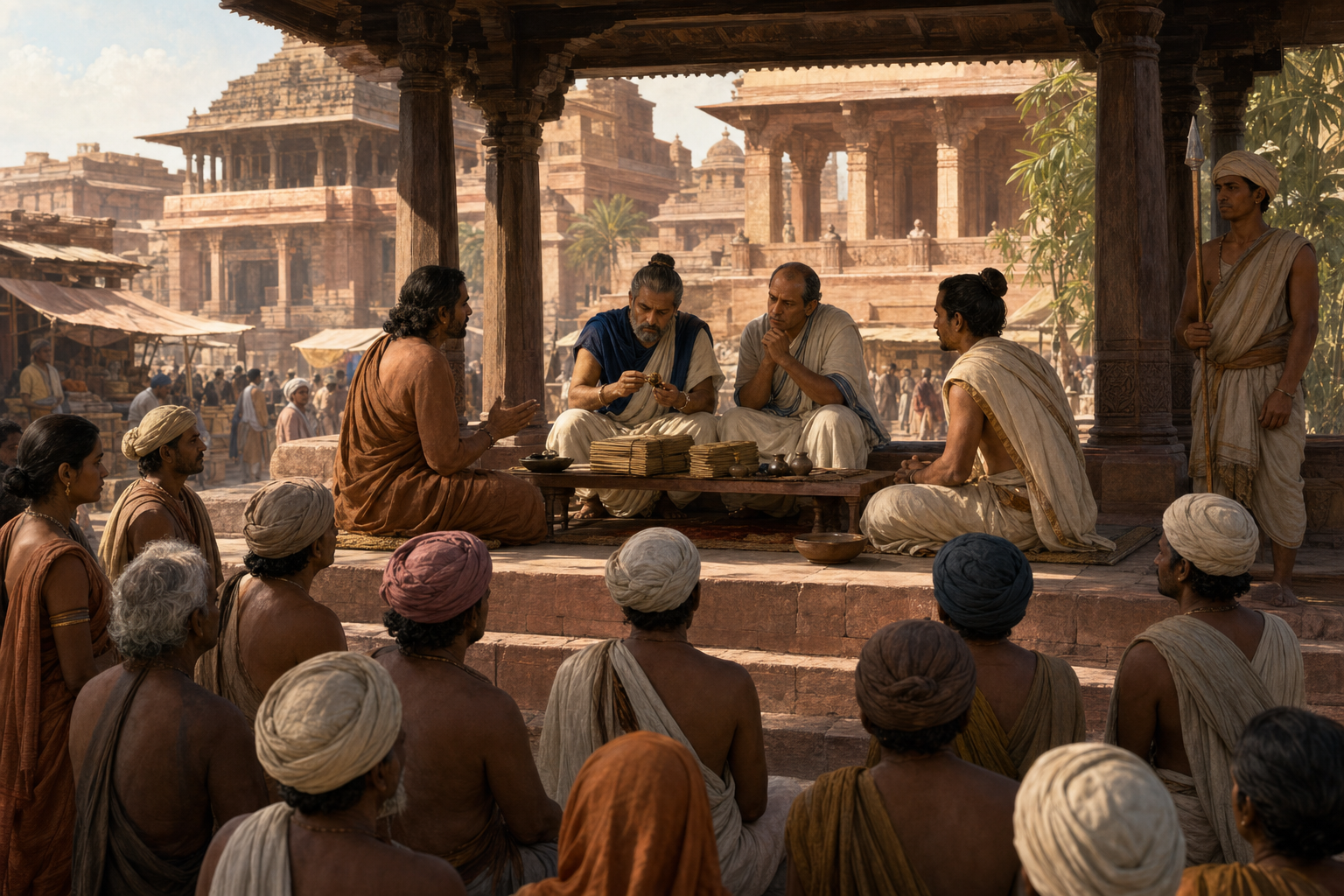 Townspeople approach an open judicial pavilion where a magistrate hears a merchant's complaint and examines evidence beside an accused official.