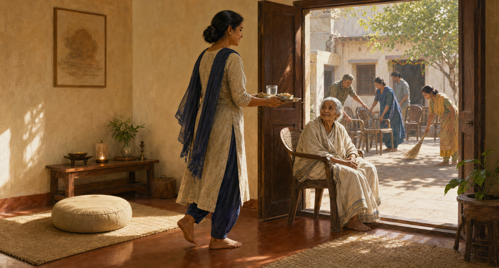 A person leaves a meditation cushion to bring food and water to an older relative while neighbors prepare a shared courtyard outside.