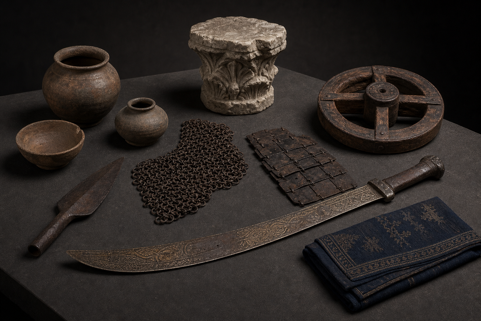 Weapons, armor fragments, pottery, carved stone, a wooden wheel component and court textile from contrasting material traditions arranged together on a museum table.