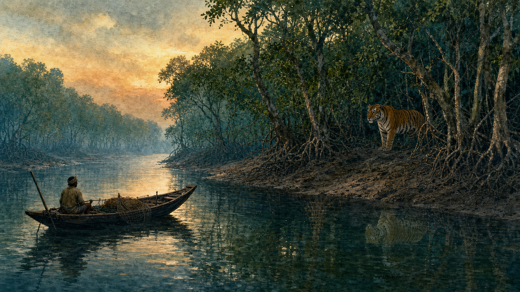 A Bengal tiger stands among mangrove roots beside a tidal creek while a small wooden boat pauses offshore, and the tiger's reflection appears faintly spirit-like in the water.