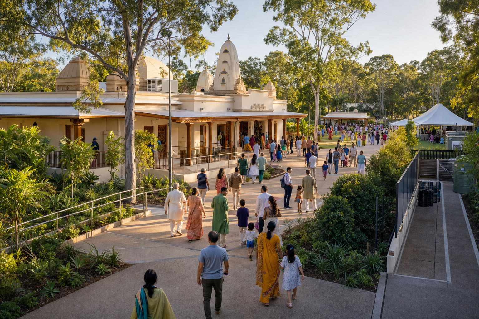 Families, elders, children, and volunteers approach a Vaishnava temple through broad shaded paths on a subtropical Brisbane campus prepared for a festival.