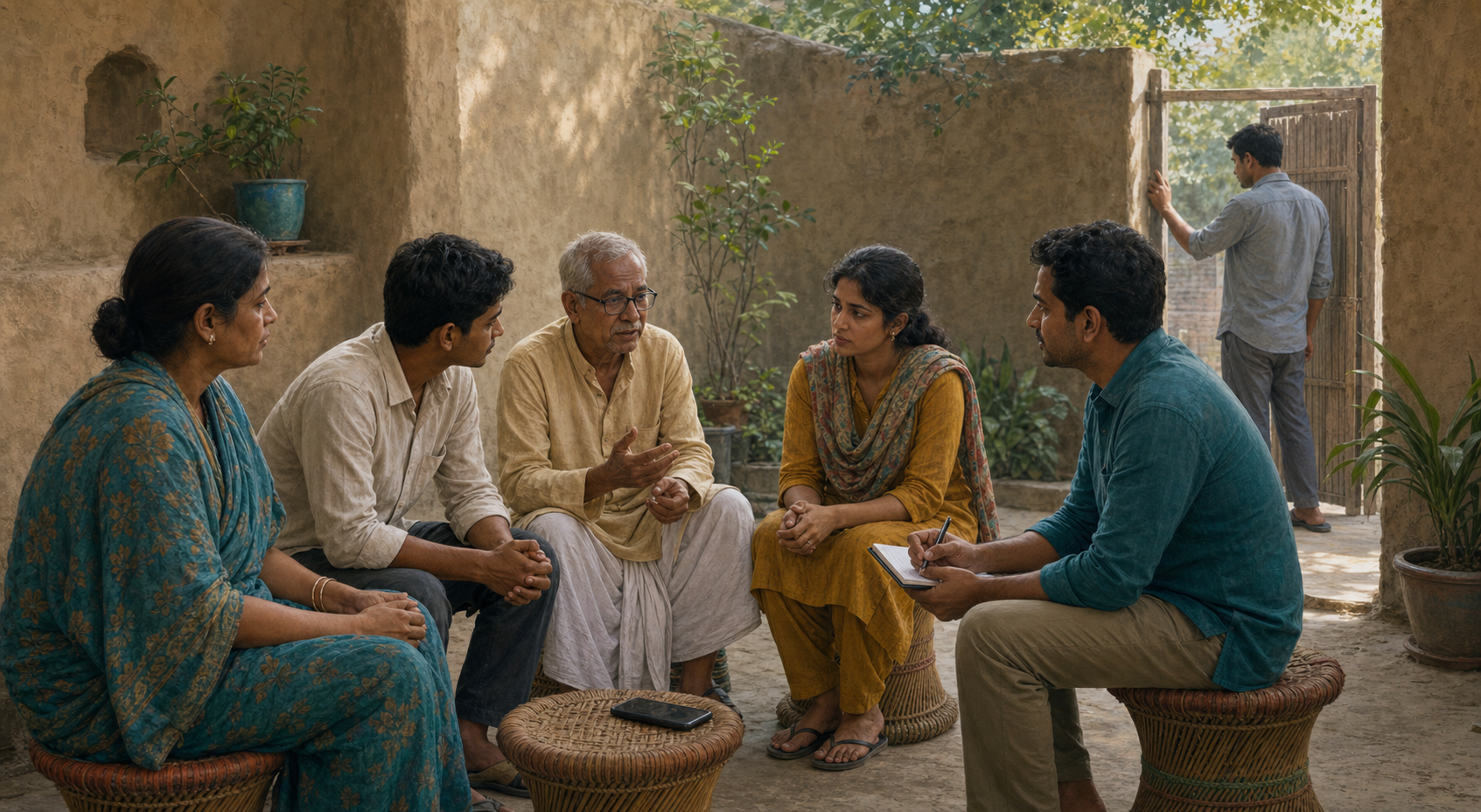 Hindu residents speak privately with a civil-society advocate in a shaded courtyard while a volunteer watches the entrance.