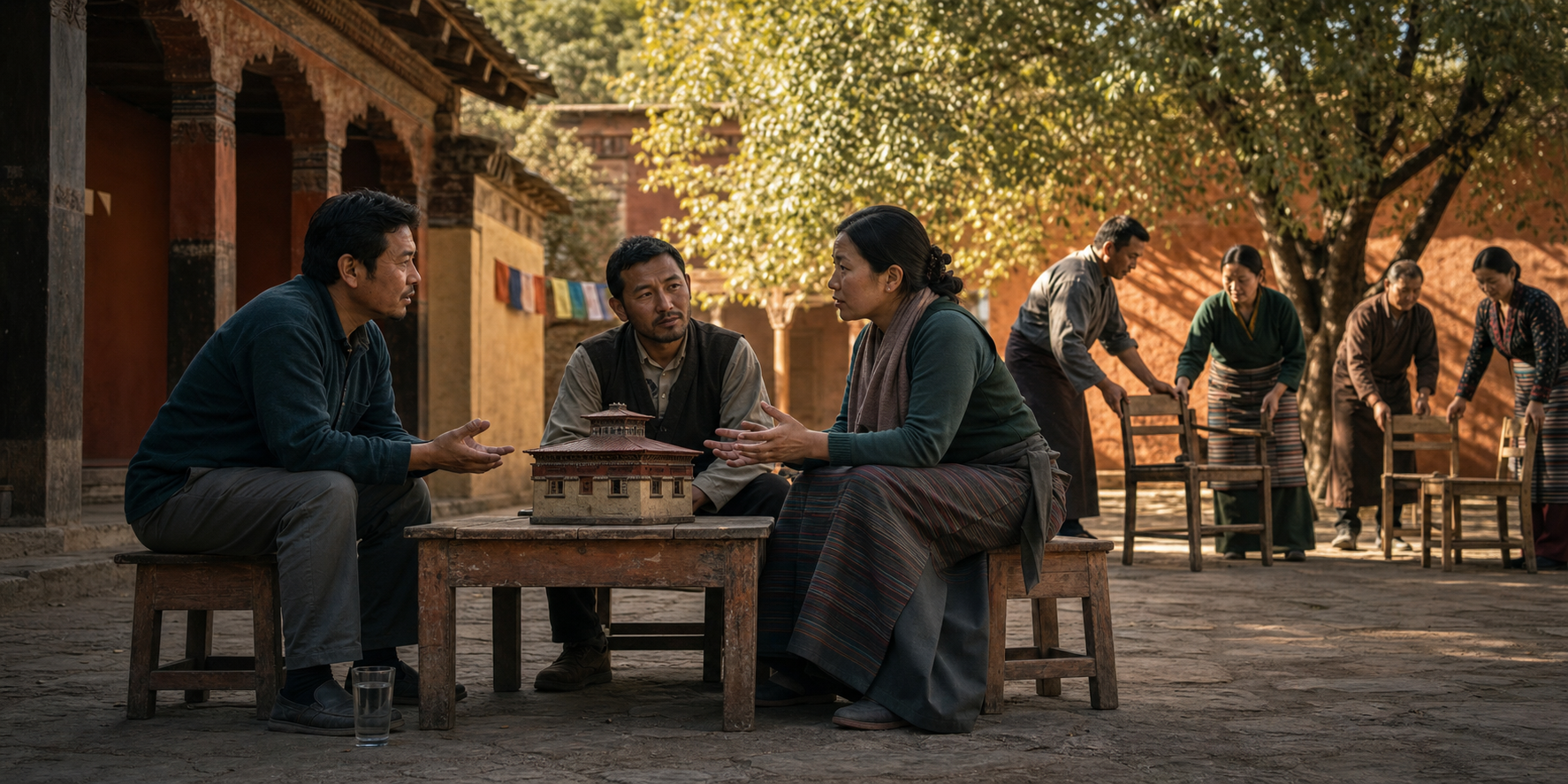 Two adults and a facilitator work through a serious disagreement at a courtyard table while other community members cooperate nearby.